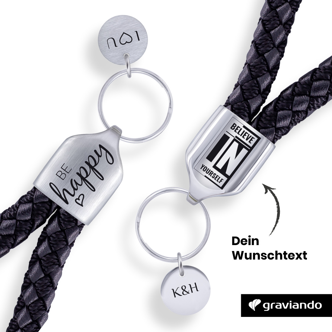 Schlüsselanhänger aus Leder und Metall in schwarz/glänzend silber inkl Gravur 